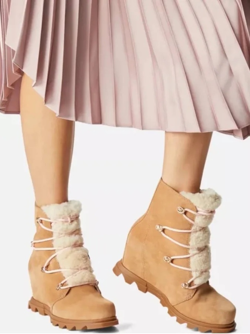 Sorel Joan of Arctic III Suede Wedge Boots Tawny Buff Tan with Gum Pink Laces - Picture 7 of 7
